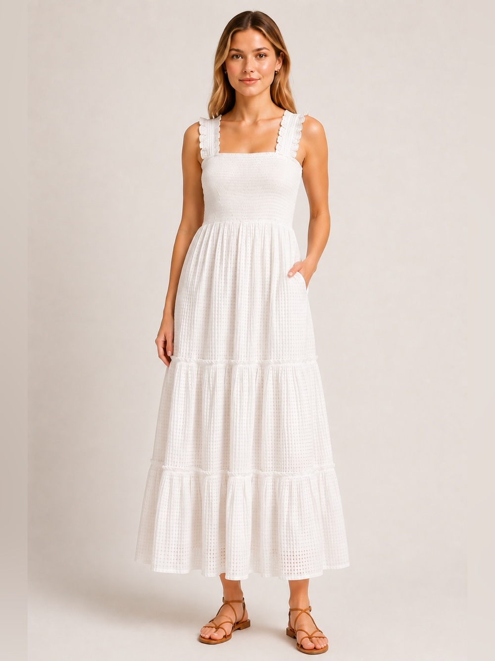 Davi & Dani Dress Small Smocked Stretch Flowy Boho Twirl Bottom Lined White Maxi